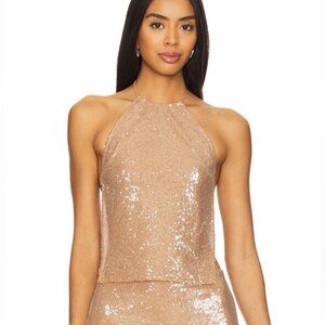 Camila Coelho Noella Top Neutral sequin nude Beige backless strappy Revolve L